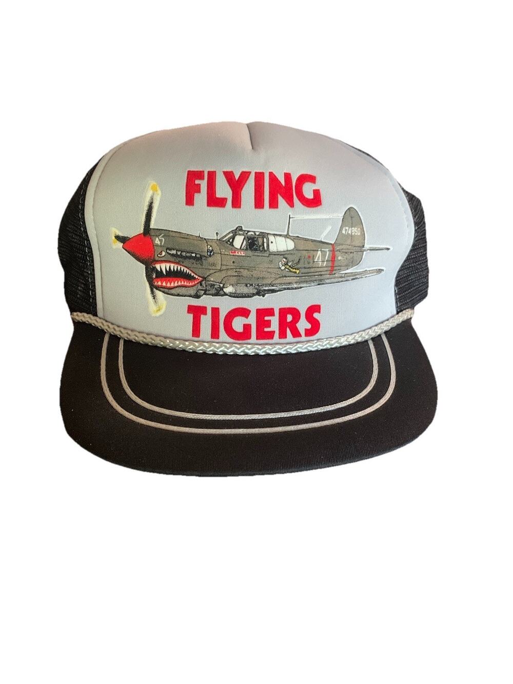 Vintage Hat Flying Tigers Trucker Black Snap Back Cap Mesh Military Rare USA